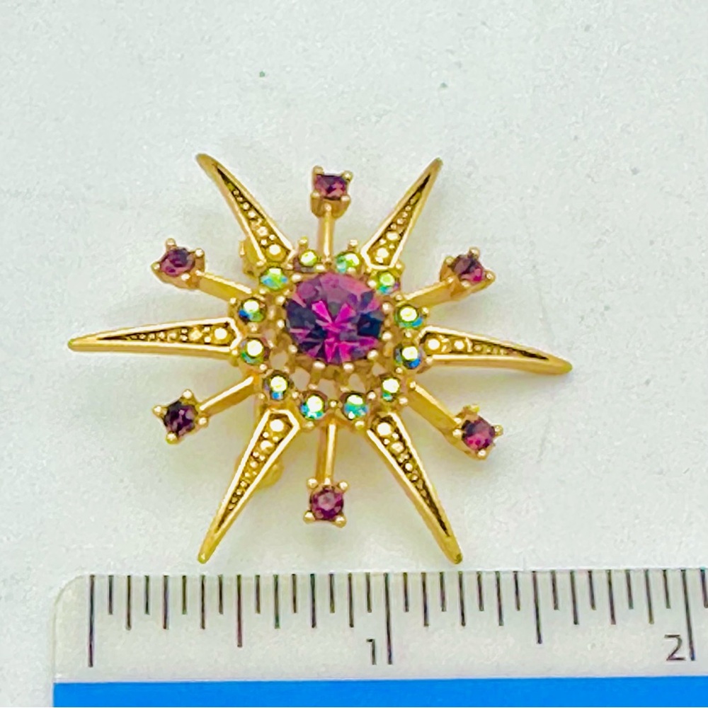 Goldtone Sunburst Amethyst Color Crystal Brooch - Picture 7 of 7